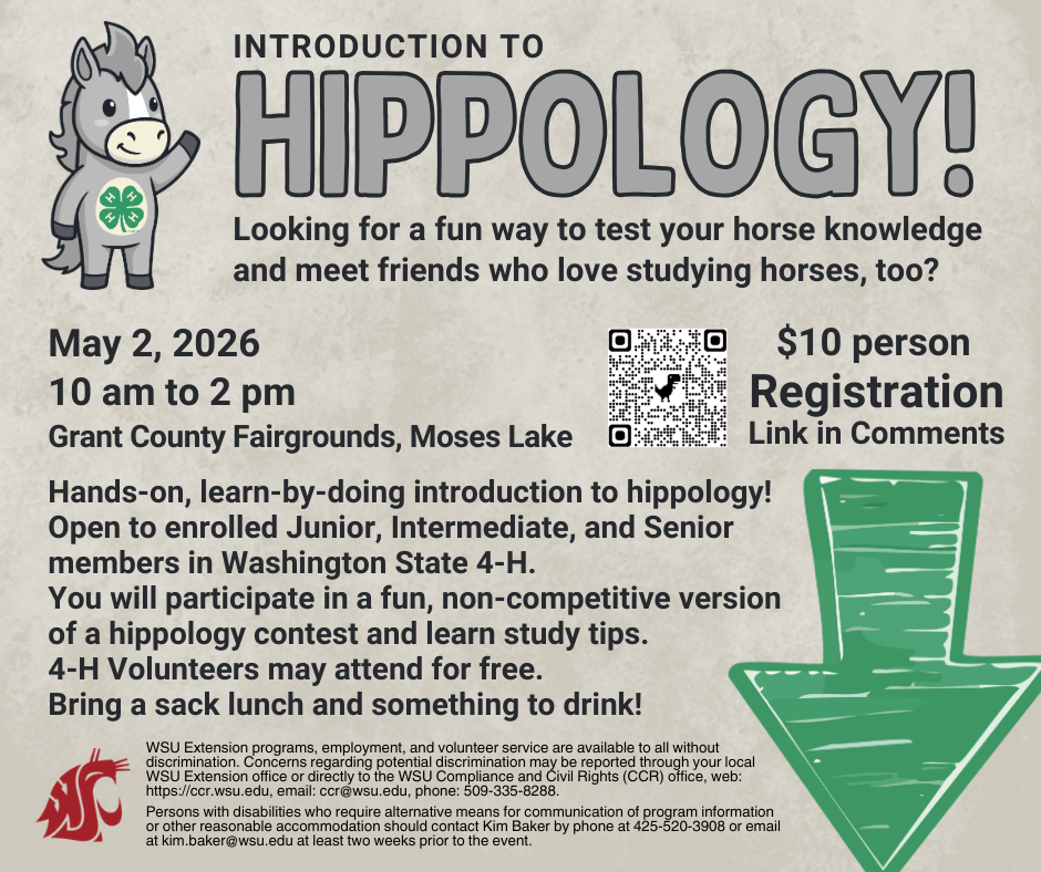 Introduction to Hippology! May 2, 2026; 10am to 2pm. Grant county Fairgrounds, Moses Lake, WA. $10 per person. Looking for a fun way to test your horse knowledge and meet friends who love studying horses, too? Hands-on, learn-by-doing introduction to hippology! Open to enrolled Junior, Intermediate, and Senior members in Washington State 4-H. You will participate in a fun, non-competitive version of a hippology contest and learn study tips. 4-H Volunteers may attend for free. Bring a sack lunch and something to drink!