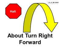 A red octagonal stop sign labeled “Halt” in white text appears on the left. To the right is a large yellow curved arrow outlined in black that loops downward and then forward to the right, indicating an about turn followed by forward movement. Bold black text reads “About Turn Right Forward.”