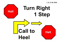 A red octagonal sign labeled “Halt” appears in the upper left, and another “Halt” sign appears at the lower right. Between them is a yellow right-angle arrow outlined in black pointing to the right, with a smaller straight arrow inside it indicating a single step. Bold black text reads “Turn Right 1 Step” and “Call to Heel.”
