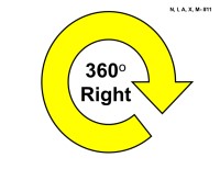 A large circular yellow arrow outlined in black forming a complete loop, indicating a full 360-degree turn to the right. The arrow curves smoothly into a circle with the arrowhead pointing along the clockwise direction. Inside the loop, centered text reads “360° Right” in bold black lettering.