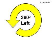 A large circular yellow arrow outlined in black forming a full loop, indicating a 360-degree turn to the left. The arrow curves around in a counterclockwise direction, with the arrowhead pointing along the leftward rotation. Inside the loop, bold black text reads “360° Left.”
