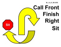 A large yellow arrow outlined in black curves upward and then down toward the right, indicating a looping turn. To the lower left is a smaller curved arrow showing an initial motion. Near this smaller arrow is a red octagon with the word “Sit” in white text. To the right, bold black text reads “Call Front Finish Right Sit.”