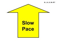 A large yellow arrow outlined in black points straight upward, with a wide base and a roof-like triangular top. Centered inside the arrow, bold black text reads “Slow Pace.”
