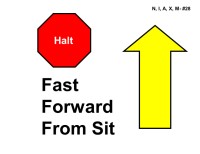 A red octagonal sign labeled “Halt” in white text appears on the left. To the right of it is a tall yellow arrow outlined in black pointing straight upward. Bold black text reads “Fast Forward From Sit.”