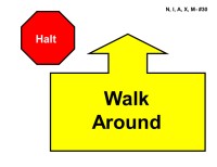 A red octagonal stop sign labeled “Halt” in white text appears in the upper left. To the right is a large yellow arrow outlined in black pointing upward, attached to a wide rectangular base. Inside the base, bold black text reads “Walk Around.”