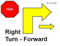 A red octagonal stop sign labeled “Halt” appears on the left. To the right, a large yellow arrow outlined in black forms a right-angle turn pointing to the right, with a smaller straight arrow extending forward from the turn. Bold black text reads “Right Turn – Forward.”