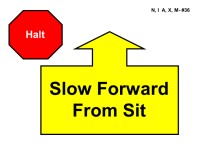 A red octagonal sign labeled “Halt” in white text appears on the left. To the right is a large yellow arrow outlined in black pointing straight upward, attached to a wide rectangular base. Inside the base, bold black text reads “Slow Forward From Sit.”
