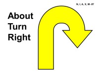 A light gray background with a large, curved yellow arrow outlined in black, shaped like a U-turn that curves upward and then points down toward the right. To the left of the arrow, the words “About Turn Right” appear in bold black text.