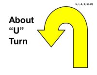 A large yellow U-shaped arrow outlined in black dominates the right side of the image, curving upward and then bending downward to form a U-turn pointing left. On the left side, bold black text reads “About ‘U’ Turn.”