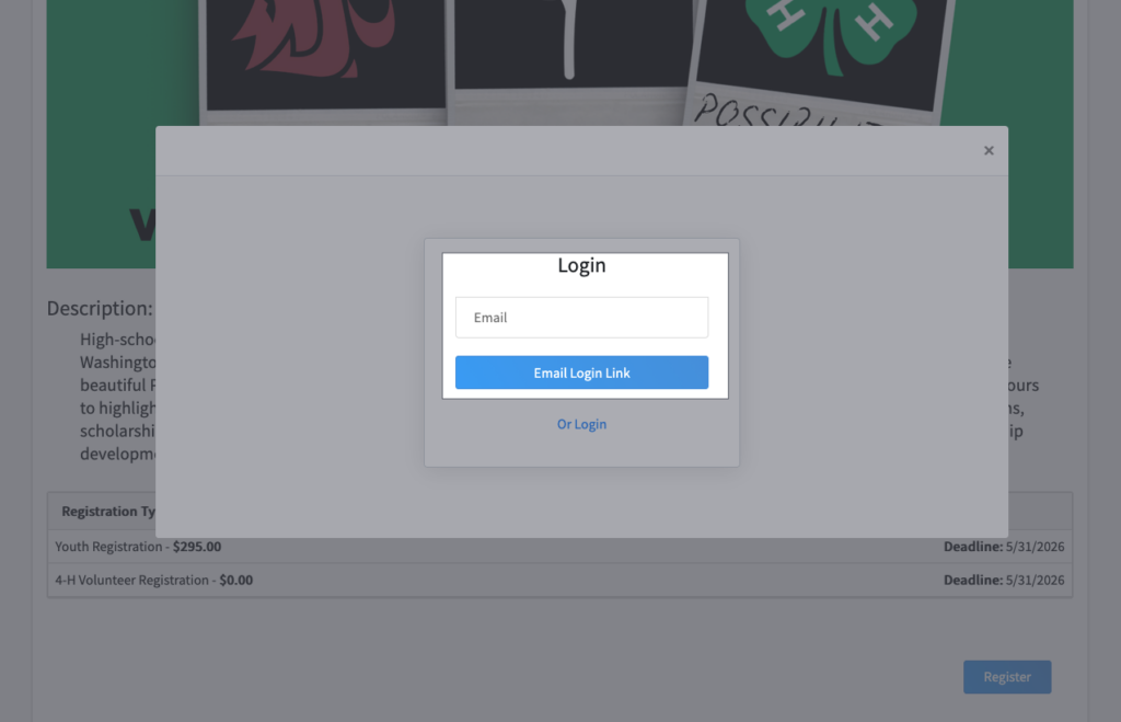 This is an image of a login screen for non 4-H Youth participants. They will type in email and click email login link to register