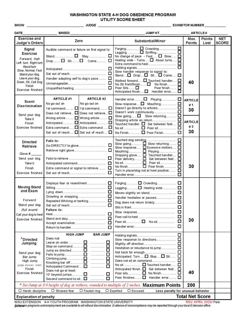 “Washington State 4‑H Dog Obedience Program Utility Score Sheet.” This form is a judging sheet used to evaluate the highest level of dog obedience performance (Utility class) in a 4‑H competition. The page is organized into a large grid with multiple columns and rows, each corresponding to advanced exercises and detailed scoring criteria. Overall Layout and Structure The document is divided into four main sections: Header with event and exhibitor information fields Main scoring table containing advanced exercises and penalty checklists Bottom scoring summary and evaluation fields Footer with notes and revision information The layout uses bold headings and grid lines to clearly organize the content into labeled sections. Header Section At the top center, the title appears in bold uppercase text. Below the title are labeled blank lines for entering information: Show Judge Exhibitor Number Date Breed Jump Height (Jump Ht.) Article # Each label is followed by a horizontal line for handwritten entries. Main Table Structure The central portion of the page is a large table with six vertical columns: Exercise and Judge’s Orders Zero (major faults) Substantial/Minor (less severe faults with checkboxes) Max. Points Points Lost Net Score Each exercise occupies one row. Within each row: The left column lists instructions The middle columns list faults with small square checkboxes The right columns are for scoring Exercise 1: Signal Exercise (40 points) Instructions include: Forward, Halt, Left turn, Right turn, About turn; Slow, Normal, Fast; Stand your dog; Leave your dog; Down, Sit; Call dog; Finish Zero faults include: Audible command when signals are required Failure to respond to first signal (stand, stay, drop, sit, come) Anticipating signals Sitting out of reach Handler adapting to dog’s pace Unmanageable behavior Unqualified heeling Substantial/Minor faults include: Forging, lagging, crowding, sniffing Failure to change pace Wide turns or improper heeling position Extra commands or holding signals too long Slow handler response to signals Walking forward improperly Dog touching handler Poor sits, no finish, or poor finish Handler error Exercise 2: Scent Discrimination (Articles #1 and #2, 30 points each) Instructions: Send dog to retrieve a scented article and return Zero faults include (for each article): Failure to go out on first command Failure to retrieve Retrieving incorrect article Anticipation Extra command Sitting out of reach Substantial/Minor faults include: Handler error Playing with article Mouthing Slow response Not going directly to articles Not working continuously Slow going or returning Dropping article Touching handler Sitting between feet Poor or missing sit or finish Exercise 3: Directed Retrieve (30 points) Instructions: Send dog to retrieve a specific glove and return Zero faults include: Failure to go directly to correct glove Retrieving wrong glove Failure to retrieve Anticipating commands Extra commands or signals Sitting out of reach Substantial/Minor faults include: Touching dog when sending Slow response or movement Excessive handler motion Mouthing or playing with glove Dropping glove Poor delivery Improper sit or finish Dog not at heel position Handler error Exercise 4: Moving Stand and Examination (30 points) Instructions: Heel forward, stand the dog, full examination, return to handler Zero faults include: Displaying fear or resentment Sitting or lying down Growling or snapping Repeated whining or barking Sitting out of reach Failure to: Heel properly Stand and stay Accept examination Return to handler Substantial/Minor faults include: Forging, lagging, crowding, wide heeling Slight movement while standing Handler hesitation Slow return or response Improper sit position Poor call to heel Handler error Exercise 5: Directed Jumping (40 points) Instructions: Send dog to perform jumps (bar jump and high jump as selected by judge), then finish Zero faults include: Failure to leave on command Failure to stop on command Failure to jump correctly Climbing jump instead of clearing it Knocking bar off Anticipation Failure to go full distance (10 feet beyond jumps) Second command required to sit Substantial/Minor faults include: Holding signals too long Slow response to direction Slightly off direction Hesitation or reluctance to jump Not going far enough Anticipating commands (turn, stop, sit) Failure to sit on command No sit or poor sit Touching handler Sitting between feet No finish or poor finish Handler error Right-Side Scoring Columns Each exercise row includes: A labeled Max. Points column (30 or 40) Blank Points Lost and Net Score columns for scoring Bottom Scoring Section At the bottom of the table: A bold line reads: “Maximum Points 200” Below this is a row of circular checkboxes labeled: Harsh discipline Showed fear Fouled ring Expelled Excused Followed by: “Less penalty for unusual behavior” Final Fields Below the checkboxes: A labeled line: “Explanation of penalty” A large field labeled: “Total Net Score” Footer Notes At the bottom of the page: A non-discrimination statement for Extension programs and employment Organization listed as: WSU Extension, 4‑H Youth Program, Washington State University At the bottom right: Revision information reads: “Rev April 2023 / Pale Yellow”