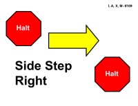 A red octagonal sign labeled “Halt” appears on the left, and another “Halt” sign appears on the lower right. Between them is a yellow arrow outlined in black pointing horizontally to the right, indicating a side step movement. Bold black text reads “Side Step Right.”