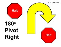 A red octagonal “Halt” sign appears on the left, and another “Halt” sign appears on the lower right. Between them is a large yellow curved arrow outlined in black that bends upward and then turns sharply to the right, indicating a 180-degree pivot. Bold black text reads “180° Pivot Right.”