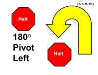 A red octagonal “Halt” sign appears on the left, and another “Halt” sign appears on the lower center-right. Between them is a large yellow curved arrow outlined in black that bends upward and then turns sharply to the left, indicating a 180-degree pivot. Bold black text reads “180° Pivot Left.”