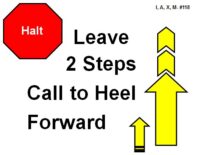 A red octagonal sign labeled “Halt” appears on the left. To the right is a large yellow arrow outlined in black pointing straight upward, with two smaller stacked chevron arrows above its midpoint indicating forward movement. Near the base is a small upward-pointing arrow. Bold black text reads “Leave 2 Steps Call to Heel Forward.”