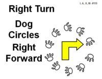 A yellow right-angle arrow outlined in black points to the right at the center. Surrounding it is a circular arrangement of black paw prints forming a loop. Bold black text along the left reads “Right Turn Dog Circles Right Forward.”