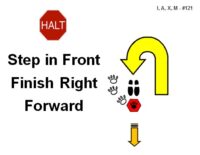 A red octagonal sign labeled “HALT” appears in the upper left. To the right is a large yellow curved arrow outlined in black that bends downward and then loops to the right, indicating a finishing movement. Below the arrow are two black footprint shapes and several small paw print icons leading toward a small red hexagonal marker. Beneath that is a small yellow arrow pointing downward with short horizontal lines above it. Bold black text reads “Step in Front Finish Right Forward.”