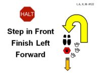 A red octagonal sign labeled “HALT” appears in the upper left. To the right is a large yellow curved arrow outlined in black that bends downward and loops to the left. Below the arrow are two black footprint shapes and several paw print icons arranged nearby, along with a small red hexagonal marker. A small yellow downward-pointing arrow with short horizontal lines above it appears beneath. Bold black text reads “Step in Front Finish Left Forward.”