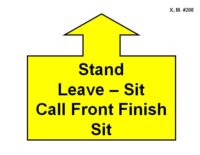 A large yellow arrow outlined in black points straight upward, attached to a wide rectangular base. Inside the base, bold black text reads “Stand Leave – Sit Call Front Finish Sit.”