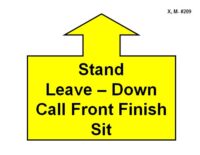 A large yellow arrow outlined in black points straight upward, attached to a wide rectangular base. Inside the base, bold black text reads “Stand Leave – Down Call Front Finish Sit.”