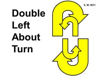 Two large yellow curved arrows outlined in black are stacked and intertwined vertically. Each arrow forms a U-shaped turn bending to the left, indicating consecutive turns. Bold black text to the left reads “Double Left About Turn.”