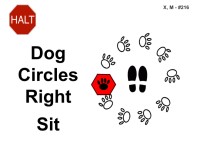 A red octagonal sign labeled “HALT” appears in the upper left. To the right is a circular arrangement of black paw prints forming a loop. Inside the loop are two black footprint shapes and a red paw-print marker. Bold black text reads “Dog Circles Right Sit.”