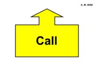 A large yellow arrow outlined in black points straight upward, attached to a wide rectangular base. Centered inside the base, bold black text reads “Call.”