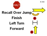 A red octagonal sign labeled “Halt” appears in the upper left. To the right is a vertical sequence of symbols illustrating a training pattern: a yellow right-pointing arrow at the top, a curved yellow arrow beneath it indicating a turn, a red hexagonal marker with a paw print, a horizontal jump bar, another red paw-print marker below the bar, and a large yellow arrow pointing straight upward. Bold black text reads “Recall Over Jump Finish Left Turn Forward.”