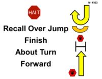 A red octagonal sign labeled “Halt” appears in the upper left. To the right is a vertical sequence of symbols illustrating a training pattern: a large yellow U-shaped arrow showing an about turn at the top, a curved yellow arc beneath it indicating the turn path, a red hexagonal marker with a paw print, a horizontal jump bar, a second red paw-print marker below the bar, and a large yellow arrow pointing straight upward at the bottom. Bold black text reads “Recall Over Jump Finish About Turn Forward.”