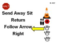 A red octagonal sign labeled “Halt” appears in the upper left. Bold black text reads “Send Away Sit Return Follow Arrow Right.” To the right is an orange traffic cone labeled “Sit” above a small black platform. Below the cone are black footprint shapes and a red hexagonal marker with a paw print. A series of black paw prints trail downward. A yellow arrow outlined in black points horizontally to the right, indicating the direction to follow.