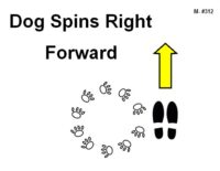 Bold black text reads “Dog Spins Right Forward.” A circular pattern of black paw prints forms a loop, illustrating a spin to the right. To the right of the circle are two black footprint shapes. A tall yellow arrow outlined in black points straight upward, indicating forward movement after the spin.