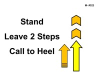 Bold black text reads “Stand Leave 2 Steps Call to Heel.” To the right, a vertical sequence of symbols shows two small stacked chevron arrows at the top indicating two steps, followed by a larger upward-pointing yellow arrow representing returning to heel position. Additional small markings near the base of the arrow emphasize forward movement and positioning.