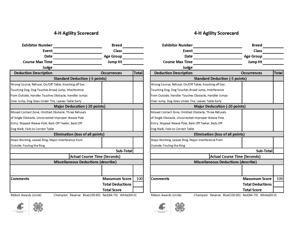 Blank 4-H Agility Scorecard for any class, shown twice on the page for printing. Form fields include exhibitor number, event, date, breed, class, age group, jump height, and judge. The course maximum time is listed as 135 seconds. Scoring sections list standard deductions worth 5 points each, major deductions worth 20 points each, and elimination faults resulting in loss of all points. Additional areas are provided for subtotal, actual course time in seconds, miscellaneous deductions, comments, maximum score (100), total deductions, total score, and ribbon awards. Ribbon award options include Champion, Reserve, Blue (100–85), Red (84–70), and White (69–0). Washington State University Extension and 4-H logos appear at the bottom of the page.