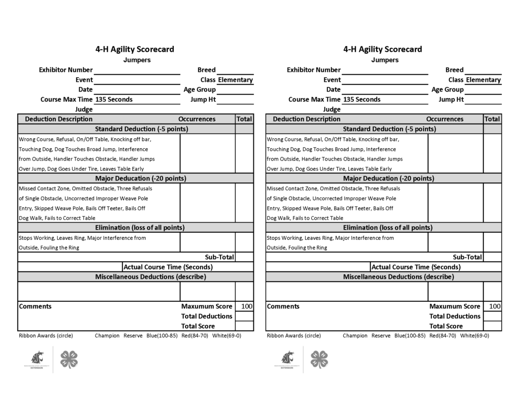 Blank 4-H Agility Scorecard for the Jumpers Elementary class, shown twice on the page for printing. Form fields include exhibitor number, event, date, breed, class, age group, jump height, and judge. The course maximum time is listed as 135 seconds. Scoring sections list standard deductions worth 5 points each, major deductions worth 20 points each, and elimination faults resulting in loss of all points. Additional areas are provided for subtotal, actual course time in seconds, miscellaneous deductions, comments, maximum score (100), total deductions, total score, and ribbon awards. Ribbon award options include Champion, Reserve, Blue (100–85), Red (84–70), and White (69–0). Washington State University Extension and 4-H logos appear at the bottom of the page.