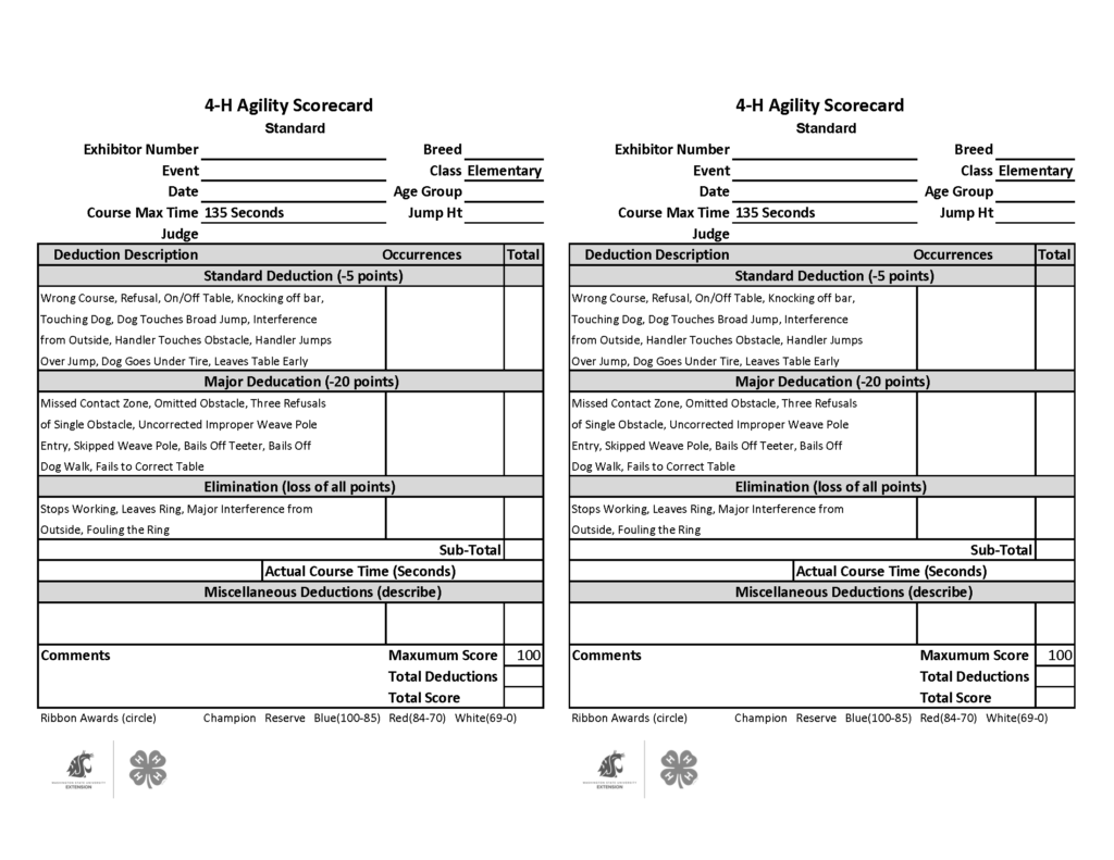 Blank 4-H Agility Scorecard for the Standard Elementary class, shown twice on the page for printing. Form fields include exhibitor number, event, date, breed, class, age group, jump height, and judge. The course maximum time is listed as 135 seconds. Scoring sections list standard deductions worth 5 points each, major deductions worth 20 points each, and elimination faults resulting in loss of all points. Additional areas are provided for subtotal, actual course time in seconds, miscellaneous deductions, comments, maximum score (100), total deductions, total score, and ribbon awards. Ribbon award options include Champion, Reserve, Blue (100–85), Red (84–70), and White (69–0). Washington State University Extension and 4-H logos appear at the bottom of the page.