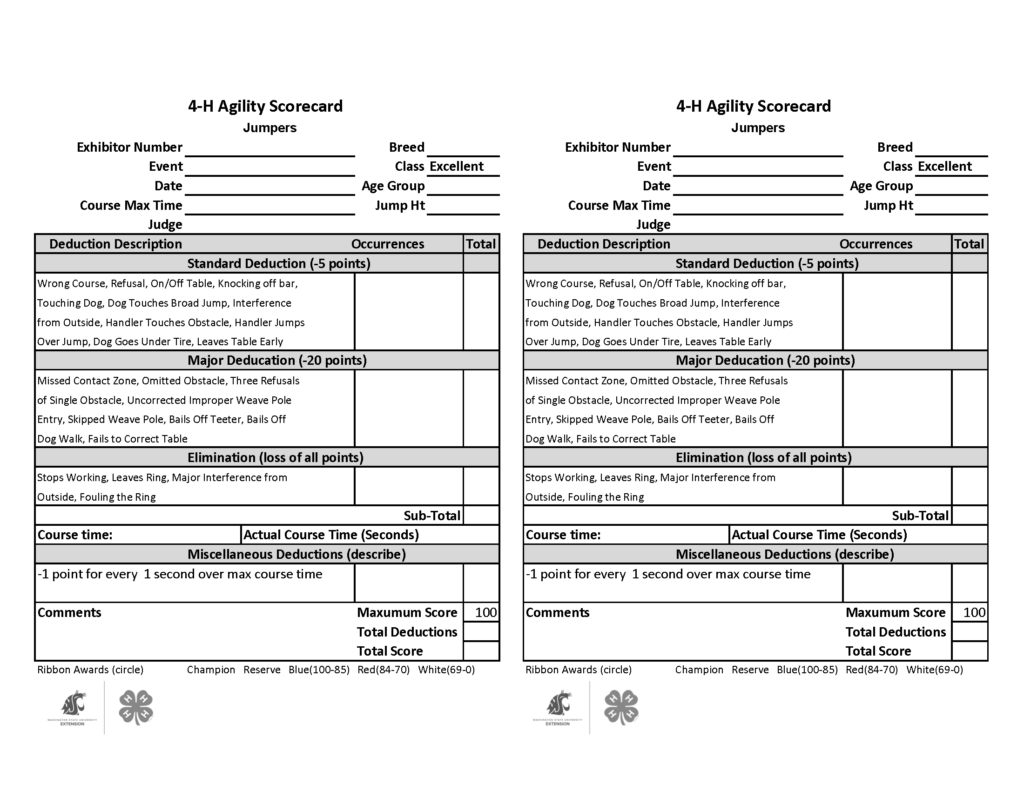 Blank 4-H Agility Scorecard for the Jumpers Excellent class, shown twice on the page for printing. Form fields include exhibitor number, event, date, breed, class, age group, jump height, course maximum time, and judge. Scoring sections list standard deductions worth 5 points each, major deductions worth 20 points each, and elimination faults resulting in loss of all points. A course-time section includes a penalty of 1 point deducted for every 1 second over the maximum course time. Additional areas are provided for subtotal, actual course time in seconds, miscellaneous deductions, comments, maximum score (100), total deductions, total score, and ribbon awards. Ribbon award options include Champion, Reserve, Blue (100–85), Red (84–70), and White (69–0). Washington State University Extension and 4-H logos appear at the bottom of the page.