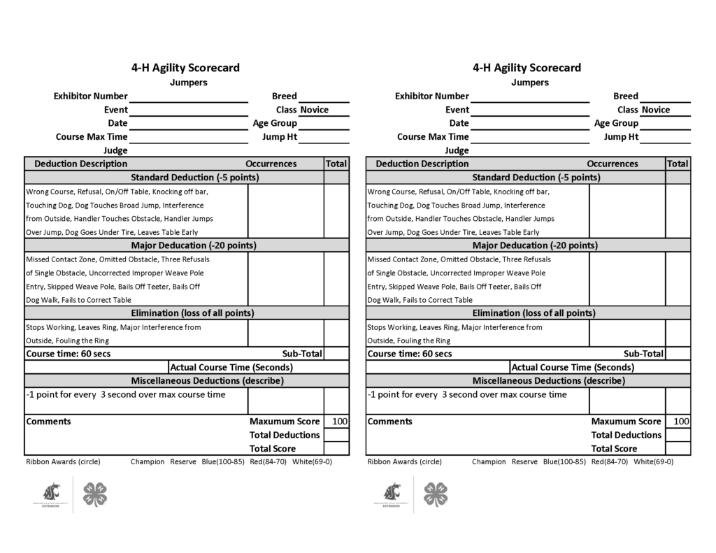 Blank 4-H Agility Scorecard for the Jumpers Novice class, shown twice on the page for printing. Form fields include exhibitor number, event, date, breed, class, age group, jump height, and judge. The course time is listed as 60 seconds. Scoring sections list standard deductions worth 5 points each, major deductions worth 20 points each, and elimination faults resulting in loss of all points. A course-time section includes a penalty of 1 point deducted for every 3 seconds over the maximum course time. Additional areas are provided for subtotal, actual course time in seconds, miscellaneous deductions, comments, maximum score (100), total deductions, total score, and ribbon awards. Ribbon award options include Champion, Reserve, Blue (100–85), Red (84–70), and White (69–0). Washington State University Extension and 4-H logos appear at the bottom of the page.