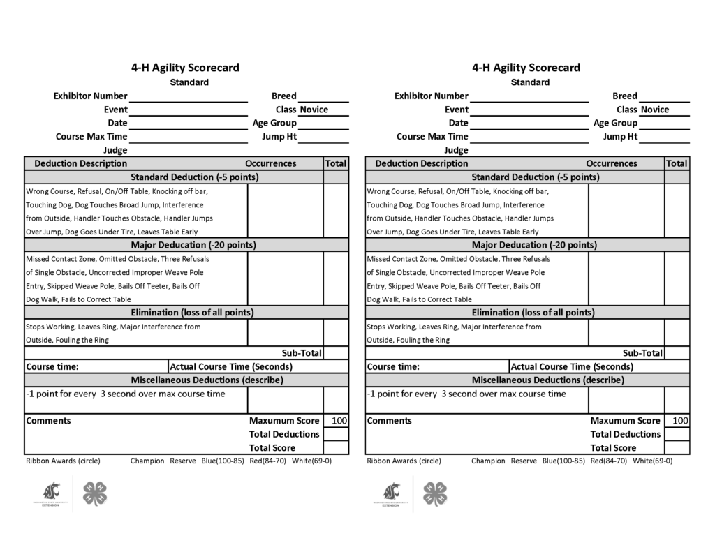 Blank 4-H Agility Scorecard for the Standard Novice class, shown twice on the page for printing. Form fields include exhibitor number, event, date, breed, class, age group, jump height, course maximum time, and judge. Scoring sections list standard deductions worth 5 points each, major deductions worth 20 points each, and elimination faults resulting in loss of all points. A course-time section includes a penalty of 1 point deducted for every 3 seconds over the maximum course time. Additional areas are provided for subtotal, actual course time in seconds, miscellaneous deductions, comments, maximum score (100), total deductions, total score, and ribbon awards. Ribbon award options include Champion, Reserve, Blue (100–85), Red (84–70), and White (69–0). Washington State University Extension and 4-H logos appear at the bottom of the page.