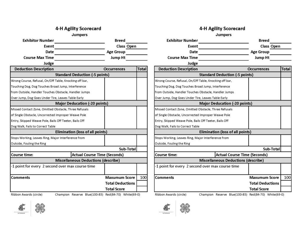 Blank 4-H Agility Scorecard for the Jumpers Open class, shown twice on the page for printing. Form fields include exhibitor number, event, date, breed, class, age group, jump height, course maximum time, and judge. Scoring sections list standard deductions worth 5 points each, major deductions worth 20 points each, and elimination faults resulting in loss of all points. A course-time section includes a penalty of 1 point deducted for every 2 seconds over the maximum course time. Additional areas are provided for subtotal, actual course time in seconds, miscellaneous deductions, comments, maximum score (100), total deductions, total score, and ribbon awards. Ribbon award options include Champion, Reserve, Blue (100–85), Red (84–70), and White (69–0). Washington State University Extension and 4-H logos appear at the bottom of the page.