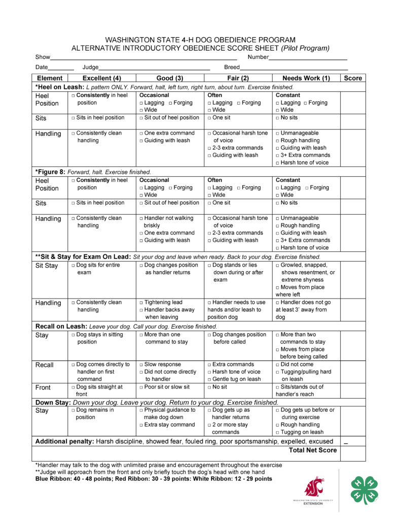 Washington State 4‑H Alternative Introductory Obedience Score Sheet (Pilot Program). Rubric-style judging form for beginner dog obedience classes, evaluating heel on leash, figure 8, sit and stay for examination, recall, and down stay. The form includes performance ratings from Excellent to Needs Work, scoring fields, penalty options, and ribbon award criteria.