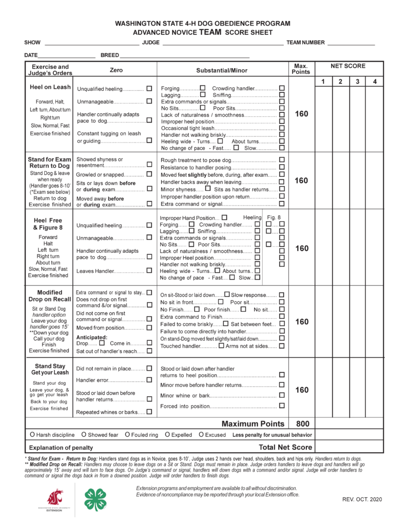 Washington State 4‑H Dog Obedience Program Advanced Novice Team Score Sheet. Team scoring form for up to four dog-and-handler teams, with fields for show, judge, team number, date, and breed. The score sheet is organized into a large table with columns for major faults, minor faults, maximum points, and net scores for team members one through four. Exercises include Heel on Leash, Stand for Examination – Return to Dog, Heel Free and Figure 8, Modified Drop on Recall, and Stand Stay – Get Your Leash. Each exercise lists detailed judging criteria and common faults such as forging, lagging, extra commands, improper positioning, failure to respond to commands, leaving position, or handler errors. Each exercise is worth up to 160 points, for a maximum team score of 800 points. The bottom of the form includes checkboxes for harsh discipline, showed fear, fouled ring, expelled, or excused; a field for explanation of penalties; and a final Total Net Score section. Footer notes provide instructions for the Stand for Examination and Modified Drop on Recall exercises, along with a Washington State University Extension non-discrimination statement and revision date of October 2020.