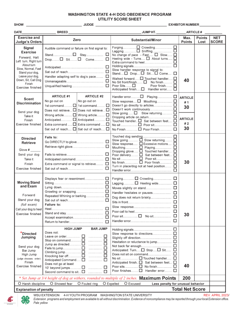 “Washington State 4‑H Dog Obedience Program Utility Score Sheet.” This form is a judging sheet used to evaluate the highest level of dog obedience performance (Utility class) in a 4‑H competition. The page is organized into a large grid with multiple columns and rows, each corresponding to advanced exercises and detailed scoring criteria. Overall Layout and Structure The document is divided into four main sections: Header with event and exhibitor information fields Main scoring table containing advanced exercises and penalty checklists Bottom scoring summary and evaluation fields Footer with notes and revision information The layout uses bold headings and grid lines to clearly organize the content into labeled sections. Header Section At the top center, the title appears in bold uppercase text. Below the title are labeled blank lines for entering information: Show Judge Exhibitor Number Date Breed Jump Height (Jump Ht.) Article # Each label is followed by a horizontal line for handwritten entries. Main Table Structure The central portion of the page is a large table with six vertical columns: Exercise and Judge’s Orders Zero (major faults) Substantial/Minor (less severe faults with checkboxes) Max. Points Points Lost Net Score Each exercise occupies one row. Within each row: The left column lists instructions The middle columns list faults with small square checkboxes The right columns are for scoring Exercise 1: Signal Exercise (40 points) Instructions include: Forward, Halt, Left turn, Right turn, About turn; Slow, Normal, Fast; Stand your dog; Leave your dog; Down, Sit; Call dog; Finish Zero faults include: Audible command when signals are required Failure to respond to first signal (stand, stay, drop, sit, come) Anticipating signals Sitting out of reach Handler adapting to dog’s pace Unmanageable behavior Unqualified heeling Substantial/Minor faults include: Forging, lagging, crowding, sniffing Failure to change pace Wide turns or improper heeling position Extra commands or holding signals too long Slow handler response to signals Walking forward improperly Dog touching handler Poor sits, no finish, or poor finish Handler error Exercise 2: Scent Discrimination (Articles #1 and #2, 30 points each) Instructions: Send dog to retrieve a scented article and return Zero faults include (for each article): Failure to go out on first command Failure to retrieve Retrieving incorrect article Anticipation Extra command Sitting out of reach Substantial/Minor faults include: Handler error Playing with article Mouthing Slow response Not going directly to articles Not working continuously Slow going or returning Dropping article Touching handler Sitting between feet Poor or missing sit or finish Exercise 3: Directed Retrieve (30 points) Instructions: Send dog to retrieve a specific glove and return Zero faults include: Failure to go directly to correct glove Retrieving wrong glove Failure to retrieve Anticipating commands Extra commands or signals Sitting out of reach Substantial/Minor faults include: Touching dog when sending Slow response or movement Excessive handler motion Mouthing or playing with glove Dropping glove Poor delivery Improper sit or finish Dog not at heel position Handler error Exercise 4: Moving Stand and Examination (30 points) Instructions: Heel forward, stand the dog, full examination, return to handler Zero faults include: Displaying fear or resentment Sitting or lying down Growling or snapping Repeated whining or barking Sitting out of reach Failure to: Heel properly Stand and stay Accept examination Return to handler Substantial/Minor faults include: Forging, lagging, crowding, wide heeling Slight movement while standing Handler hesitation Slow return or response Improper sit position Poor call to heel Handler error Exercise 5: Directed Jumping (40 points) Instructions: Send dog to perform jumps (bar jump and high jump as selected by judge), then finish Zero faults include: Failure to leave on command Failure to stop on command Failure to jump correctly Climbing jump instead of clearing it Knocking bar off Anticipation Failure to go full distance (10 feet beyond jumps) Second command required to sit Substantial/Minor faults include: Holding signals too long Slow response to direction Slightly off direction Hesitation or reluctance to jump Not going far enough Anticipating commands (turn, stop, sit) Failure to sit on command No sit or poor sit Touching handler Sitting between feet No finish or poor finish Handler error Right-Side Scoring Columns Each exercise row includes: A labeled Max. Points column (30 or 40) Blank Points Lost and Net Score columns for scoring Bottom Scoring Section At the bottom of the table: A bold line reads: “Maximum Points 200” Below this is a row of circular checkboxes labeled: Harsh discipline Showed fear Fouled ring Expelled Excused Followed by: “Less penalty for unusual behavior” Final Fields Below the checkboxes: A labeled line: “Explanation of penalty” A large field labeled: “Total Net Score” Footer Notes At the bottom of the page: A non-discrimination statement for Extension programs and employment Organization listed as: WSU Extension, 4‑H Youth Program, Washington State University At the bottom right: Revision information reads: “Rev April 2023 / Pale Yellow”