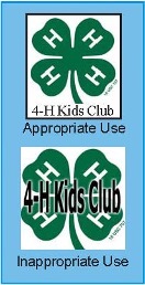 There are two green four leaf clovers with white lettering inside the leaf, one is considered Appropriate use of the clover as the name 4-H Kids Club is underneath the clover and not directly overlaid on top of the clover. The second image is also of a green clover with white lettering, but on this clover overlaid on top of the clover is 4-H Kids Club which is an unacceptable use of the clover. 