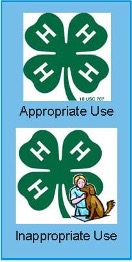 This is an image of two green four leaf clovers with H's in white lettering. The appropriate use of the clover is on it's own with nothing in front of the clover. The second green four leaf clover is overlaid with an image of a girl youth and a dog that covers part of the image which is considered inappropriate use of the clover. 