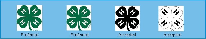 Image shows four clovers - two in green with white lettering that are Preferred use of the clover. There is also a black with white lettering clover and a white with black letter clover that are considered acceptable use of the clover but not preferred. 