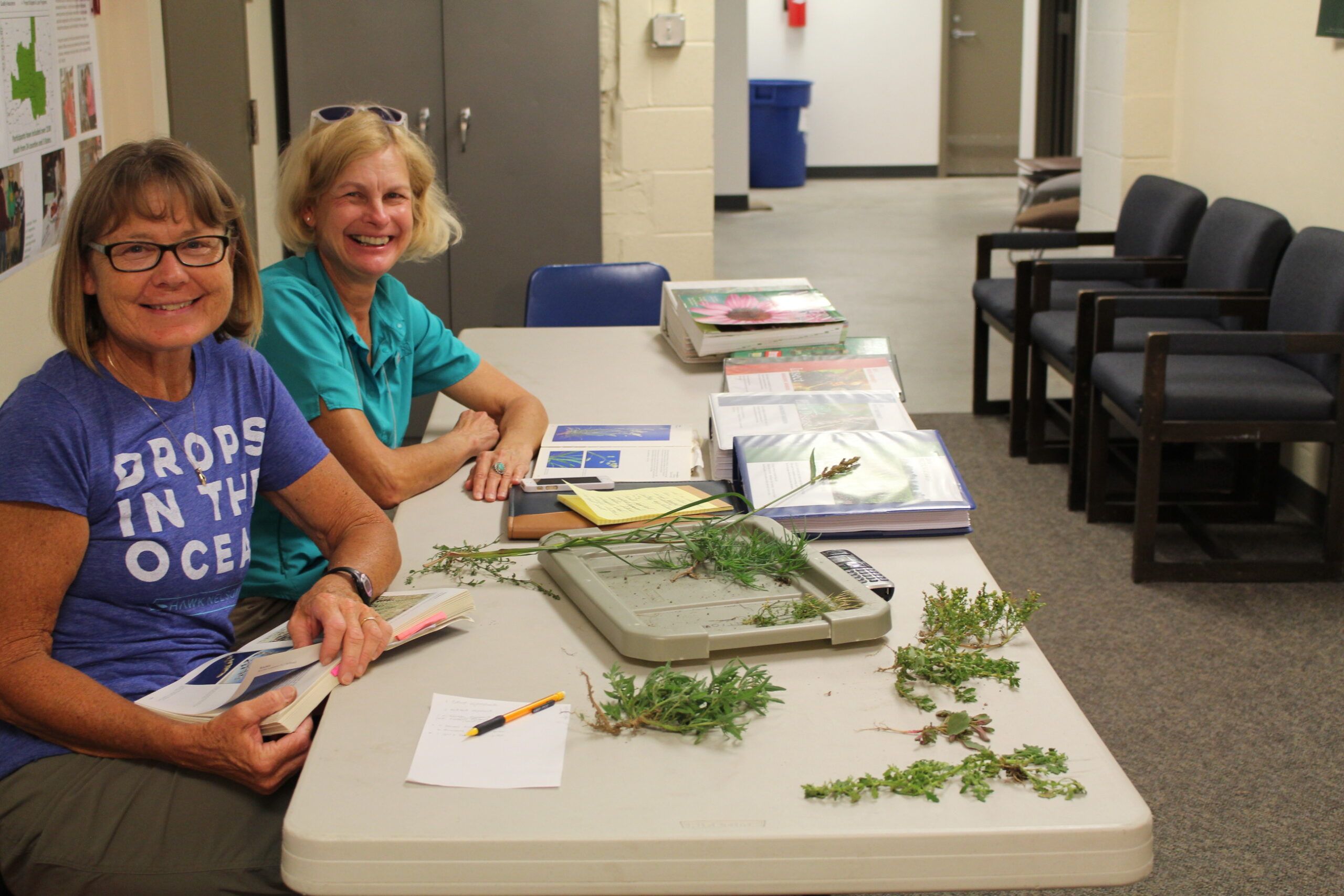 Master Gardeners sitting at table inspecting plants. 