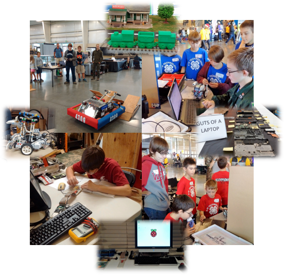 Montage of scenes showing 4-H youth engaged in robotics activities.