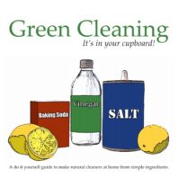 Green cleaning graphic with vinegar, salt, baking soda, and lemons.