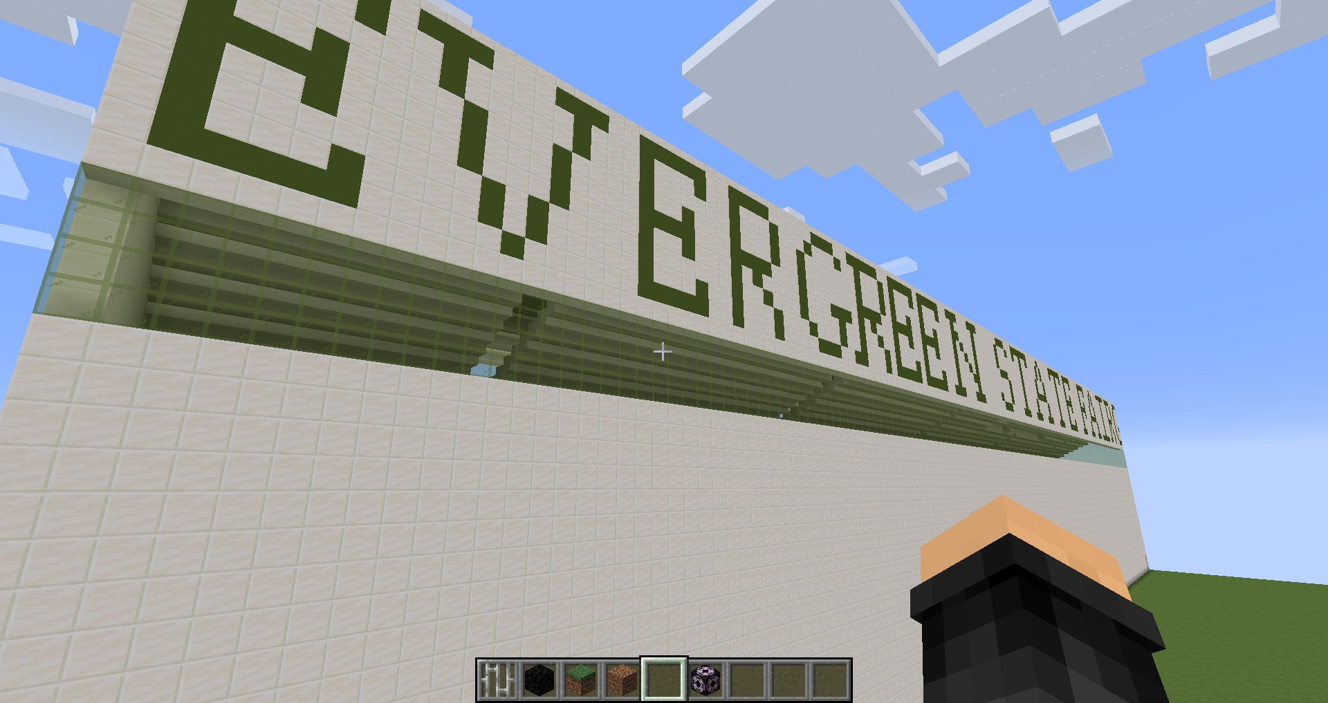 Minecraft replication of back of stadium at fairgrounds.
