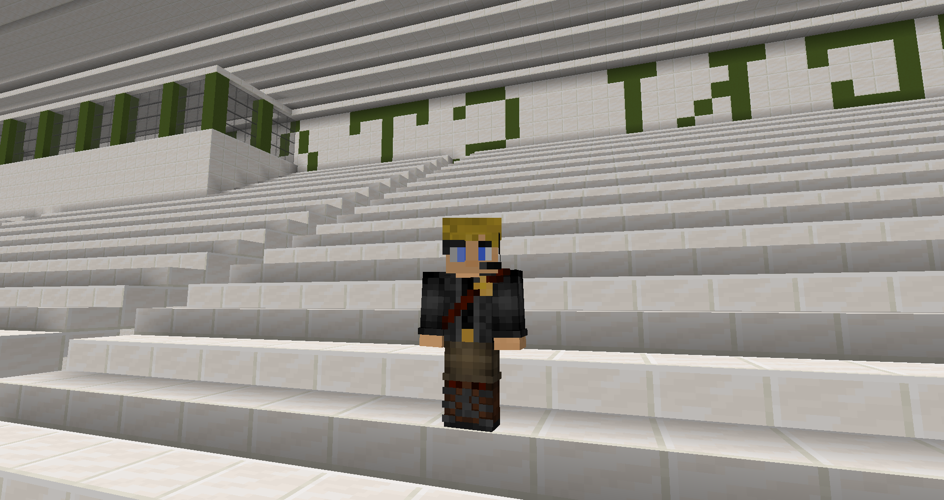 Minecraft replication of bleachers in stadium at fairgrounds, with a minecraft person.